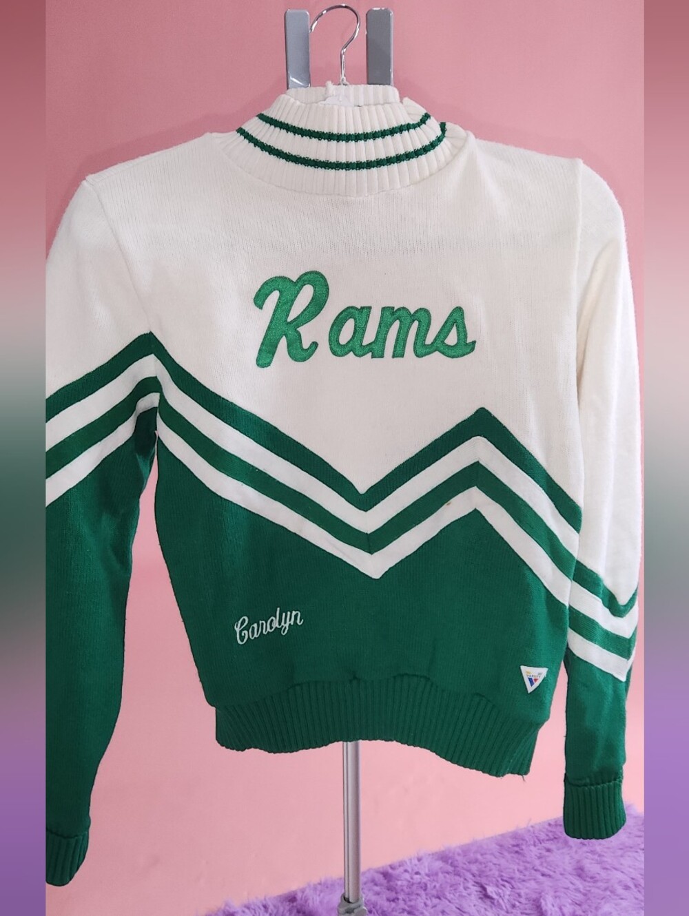 70s Varsity Rams Green & White Knit Pullover